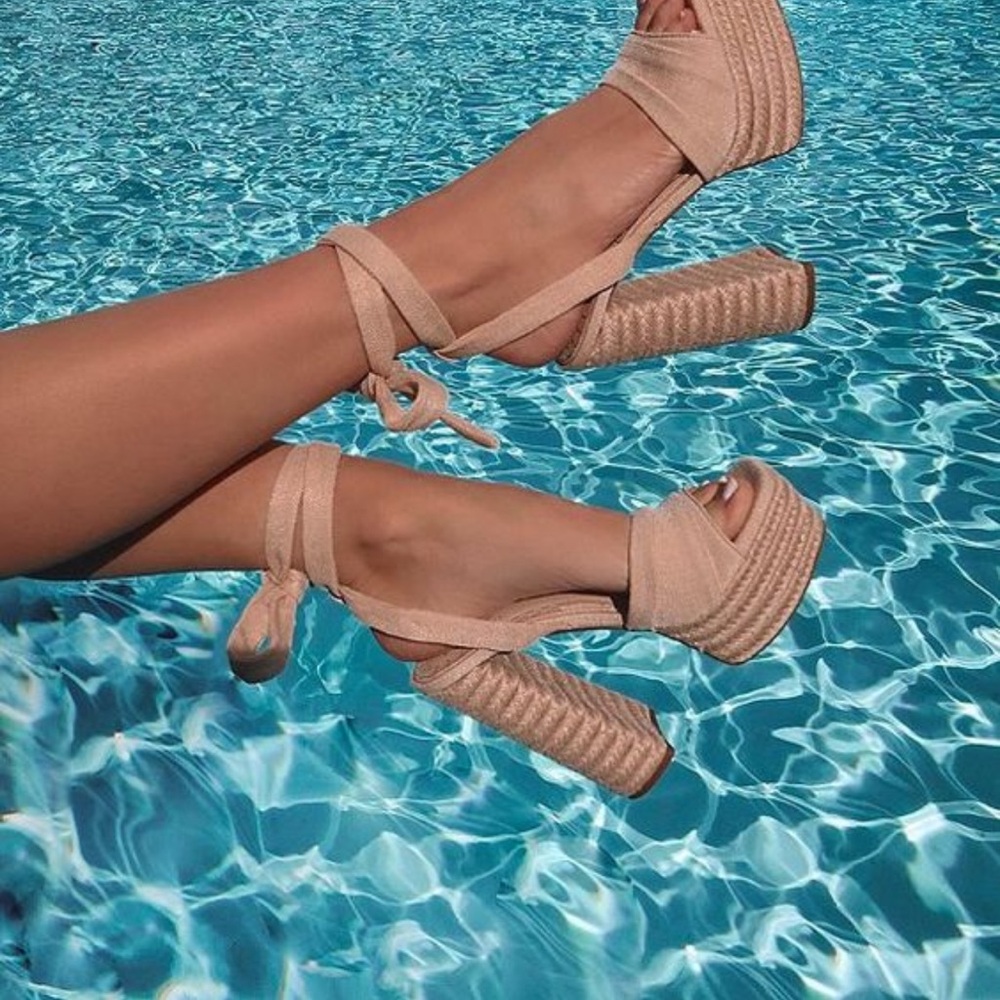 Ankle-Tie Platform Espadrille Sandals in Beige